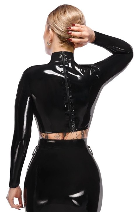 LateX Crop Top Czarny Lateksowy z Długim Rękawem i Stojką M