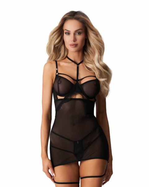 Obsessive Arrowel Black Chemise koronkowa z ozdobnymi paskami M/L