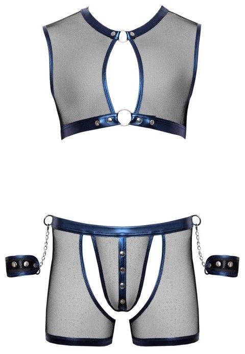 Svenjoyment Bondage Komplet Męski Net Look z Kajdankami, L, Czarny/Niebieski