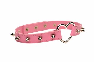 XR Brands Spiked Heart Choker Pink - Pasek ozdobny z kolcami, vegan leather