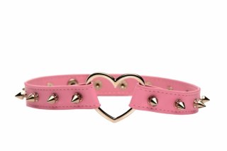 XR Brands Spiked Heart Choker Pink - Pasek ozdobny z kolcami, vegan leather