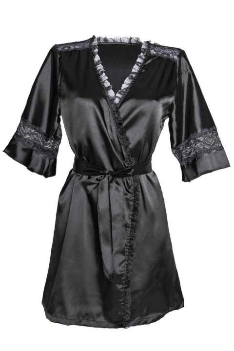Sensuality Kimono krotki satynowy z koronką czarny S/M
