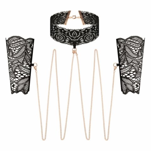 Rosy Gold Lace Cuffs & Collar - Czarna koronka, złote łańcuszki