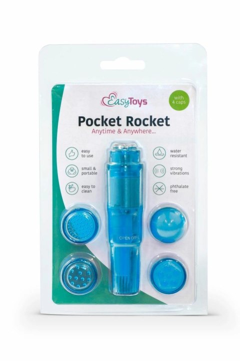 EasyToys Pocket Rocket Blue - Kompaktowy masażer intymny z 4 nasadkami