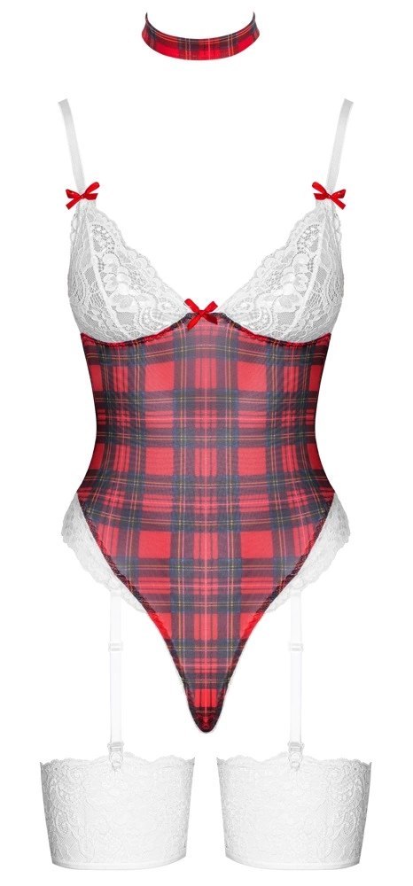 Cottelli Lingerie Body Plaid M - komplet z paskami i chokerem