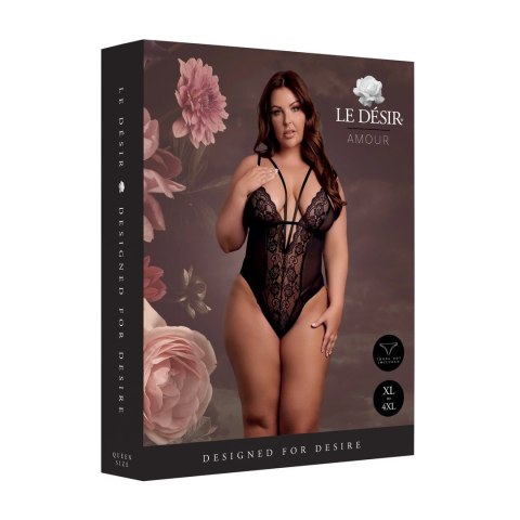 Obsessive Bodystocking koronkowy, regulowane ramiączka, czarny Plus Size