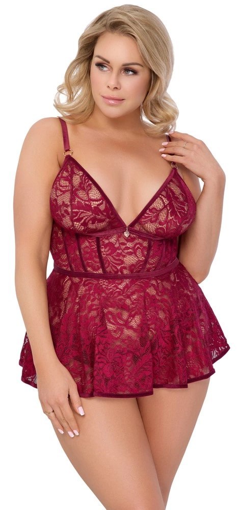 Cottelli Curves Babydoll koronkowa + otwarte figi czerwone 3XL