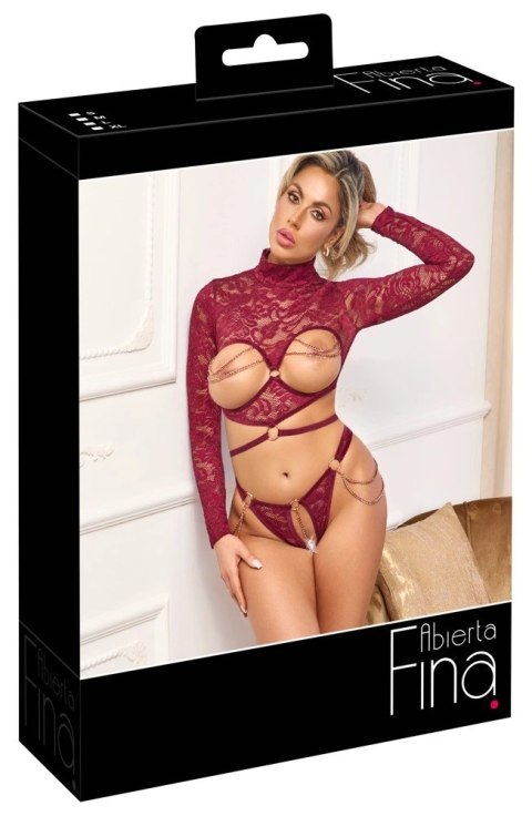 Abierta Fina Top koronkowy bez miseczek + stringi otwarte czerwone XL