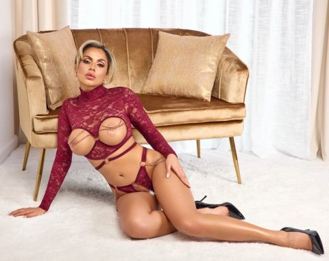 Abierta Fina komplet koronkowy top otwarty + stringi czerwone S