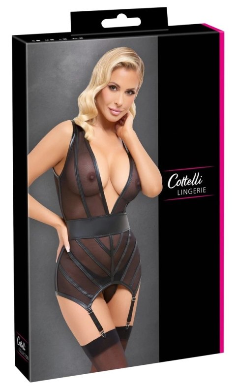 Cottelli LINGERIE Czarna koszulka z paskami do pończoch i stringami S