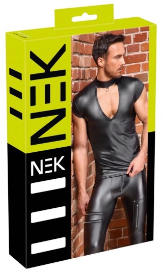 NEK Koszulka Męska Matowa Czarna XL z Wycięciem V i Ozdobnym Pierścieniem