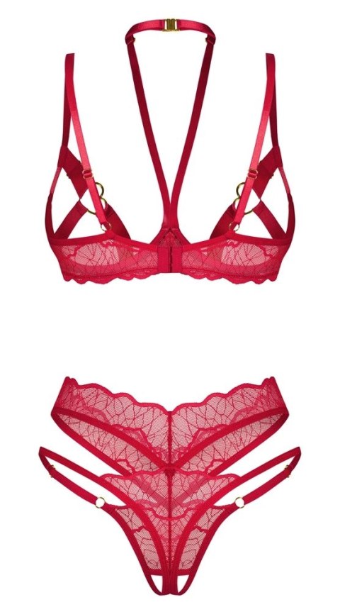 Obsessive Cupide Desir komplet czerwony L/XL z koronką i złotymi detalami