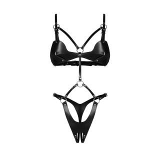 Obsessive Komplet Stringow i Biustonosz S/M/L Czarny Skora Syntetyczna