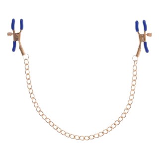 Sportsheets Cougar Złote Zaciski z Łańcuszkiem i Niebieskimi Końcowkami