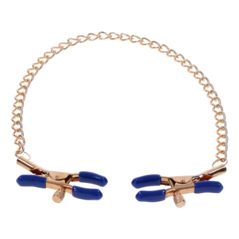 Sportsheets Cougar Złote Zaciski z Łańcuszkiem i Niebieskimi Końcowkami