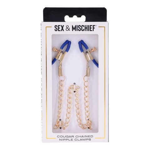 Sportsheets Cougar Złote Zaciski z Łańcuszkiem i Niebieskimi Końcowkami