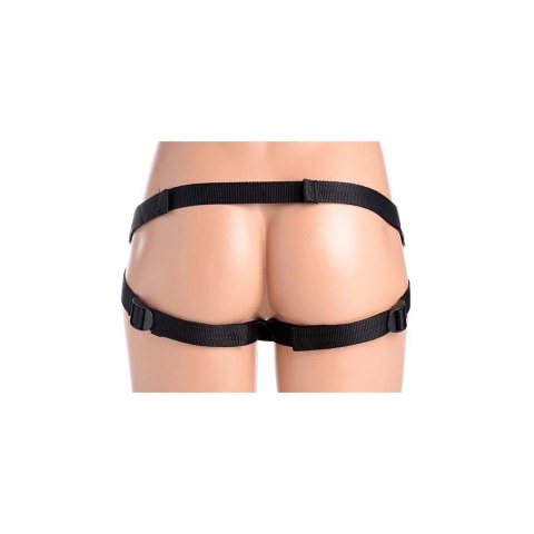 XR Brands Strap-On z dwoma nasadkami i funkcją wibracji, fioletowy