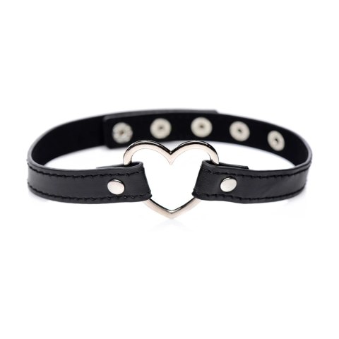 XR Brands Choker Heart Czarny, serce chromowane, pasek wegański