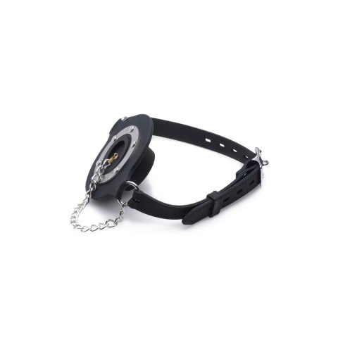 XR Brands silikonowy knebel-ring z paskami i łańcuszkiem, czarny