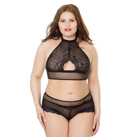 Coquette Top siateczkowy halter z koronką + spodenki sznurowane czarne