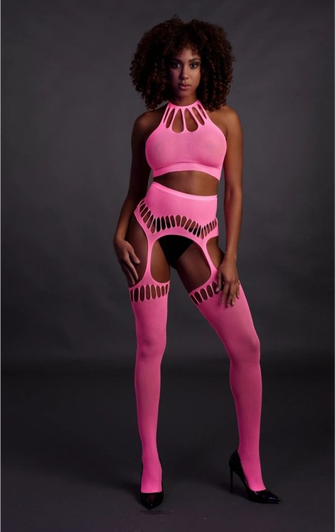 Ouch! Neon dwuczęściowy komplet top + pończochy XS/L, aktywowany UV