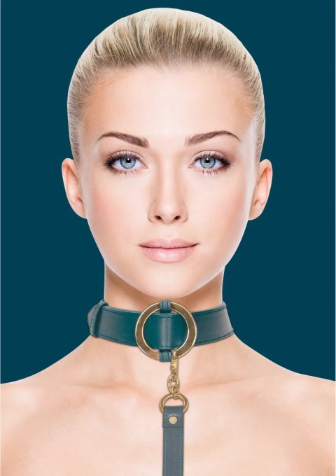 Ouch! Halo - Skorzana obroża ze smyczą, złote wykończenia, regulowana