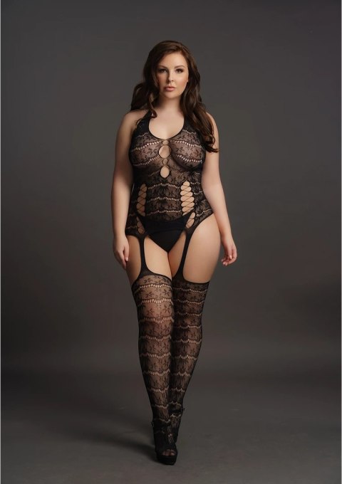 Le Desir Bodystocking Plus Size koronkowy z pończochami czarny XL-4XL
