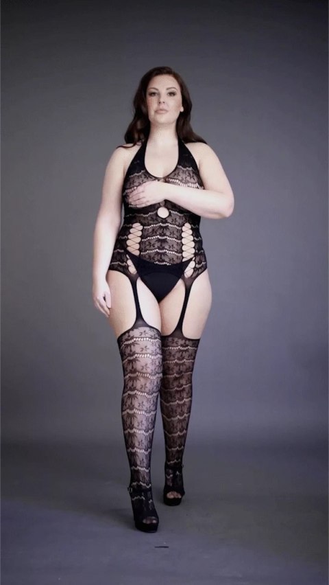 Le Desir Bodystocking Plus Size koronkowy z pończochami czarny XL-4XL