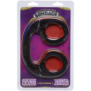 Doc Johnson bawełniane opaski na nadgarstki i kostki z pierścieniem, czarne