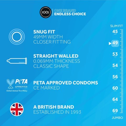 EXS Snug Fit 12 sztuk - precyzyjne dopasowanie, 49 mm, cienkie