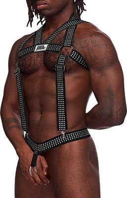 Male Power Elastic Harness - Uprząż z paskami i metalowymi elementami