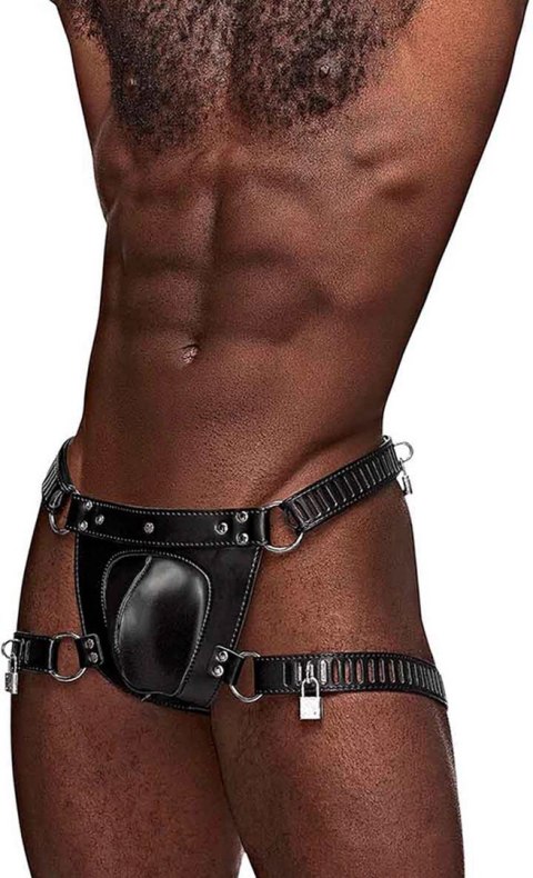 Male Power Scorpio Stringi z imitacji skory z regulacją i zamkiem