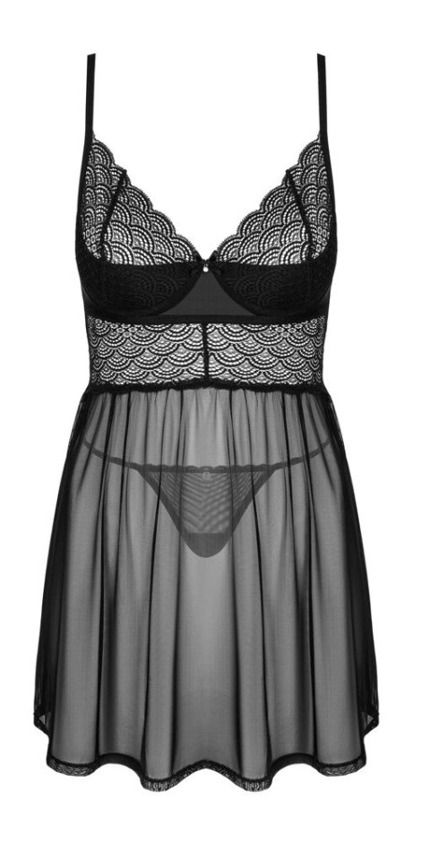 Obsessive Chemeris XL/2XL - Koszula nocna z koronką i stringami, czarna