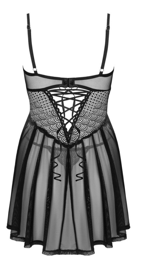 Obsessive Chemeris XL/2XL - Koszula nocna z koronką i stringami, czarna
