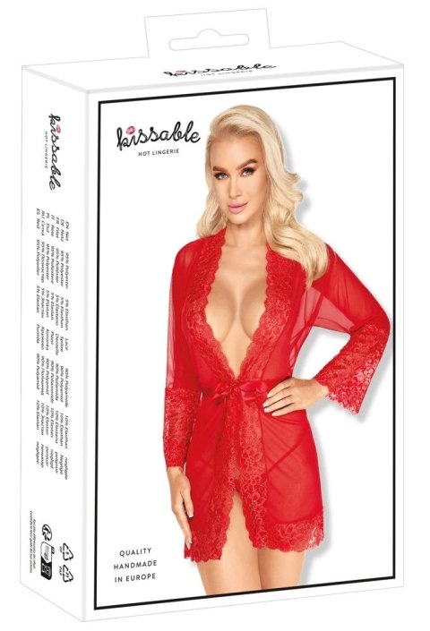 Kissable Kimono L/XL czerwony z koronką i satynowym paskiem