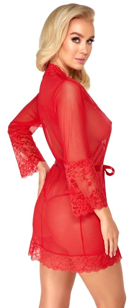 Kissable Kimono L/XL czerwony z koronką i satynowym paskiem