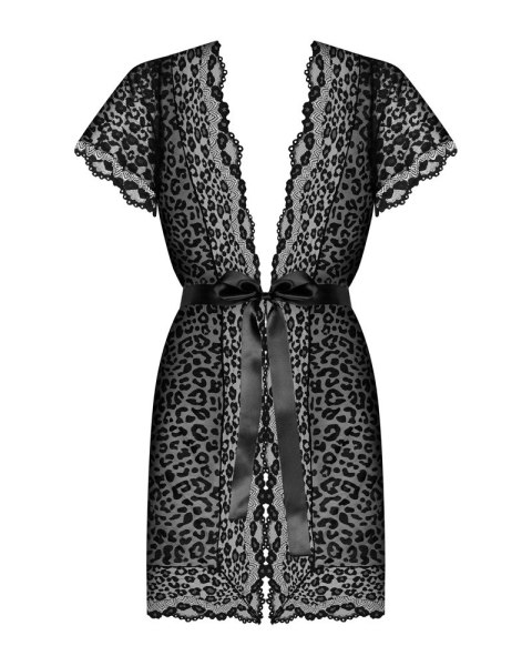 Obsessive Giully Peniuar koronkowy czarny ze wzorem L/XL satynowa wstążka