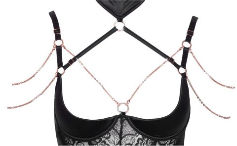 Abierta Fina Koszulka Satynowa 85B/L z Koronką i Łańcuszkami, Czarna