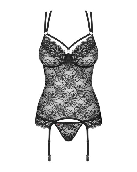 Obsessive 860-COR-1 Czarna koronkowa koszulka gorsetowa S/M + stringi