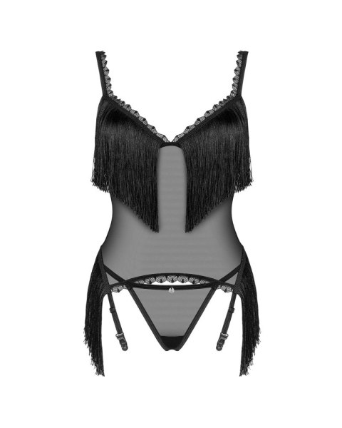 Obsessive Sherila XL/2XL - Czarna koszulka z siateczki i frędzlami + stringi