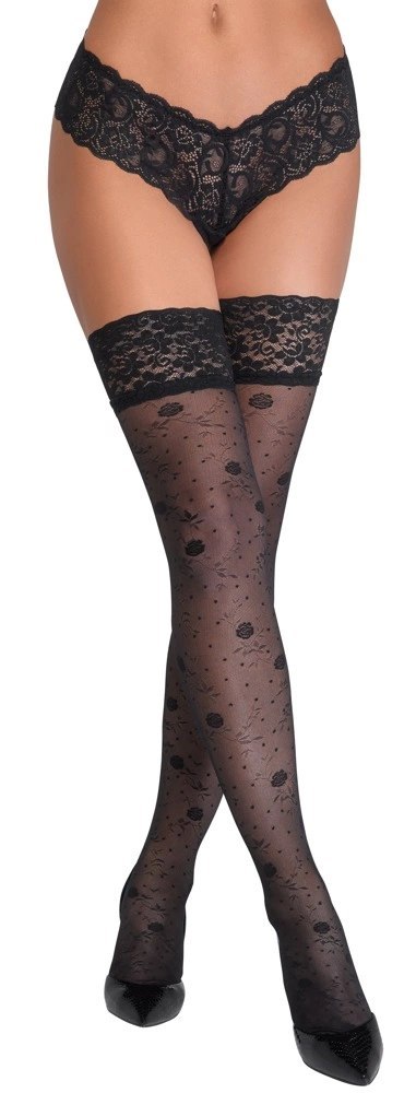 Cottelli LEGWEAR Pończochy czarne z koronką i kwiatowym wzorem 20 den