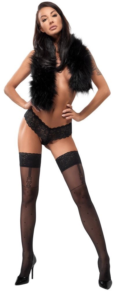 Cottelli LEGWEAR Pończochy czarne z kropeczkami i szelkami 40 den