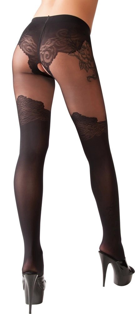 Cottelli LEGWEAR rajstopy czarne wzor nad kolano, otwarty krok, 40/20 den