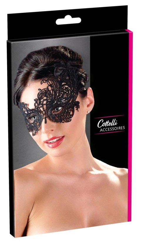 Cottelli Accessories czarna maska na oczy z haftem i koronkową wstążką