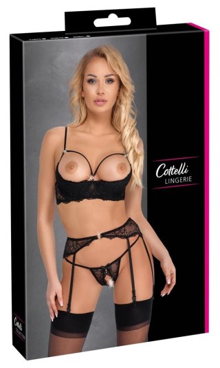 Cottelli LINGERIE komplet koronkowy 3-częściowy czarny 80B/M z brokatem