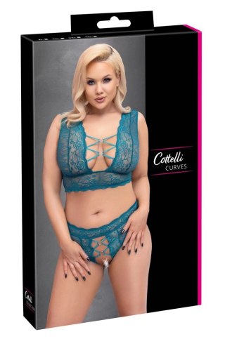 Cottelli Curves komplet koronkowy wycięty bralet i stringi bez krocza 2XL niebieski