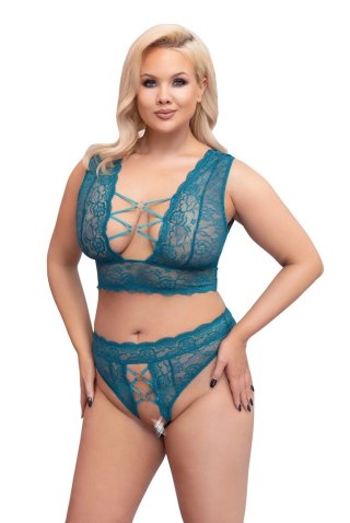 Cottelli Curves komplet koronkowy wycięty bralet i stringi bez krocza 2XL niebieski
