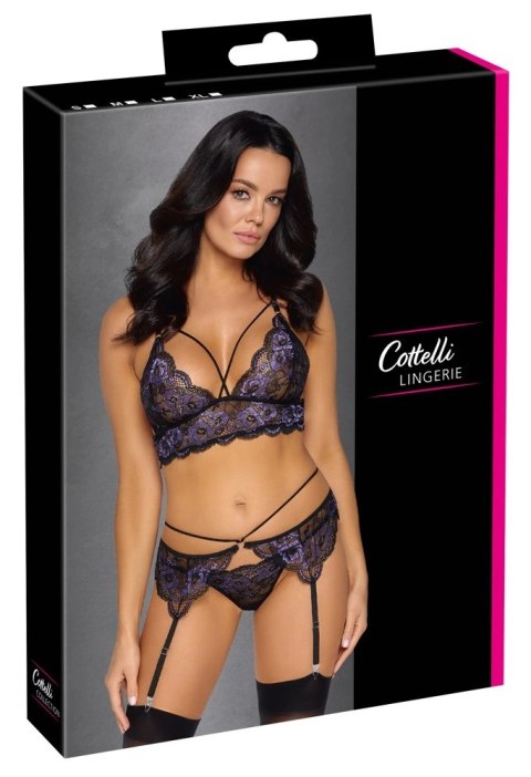 Cottelli Lingerie komplet koronkowy L czarno-fioletowy bralet pas stringi