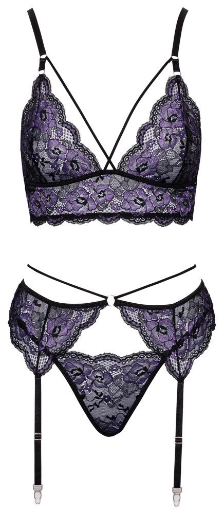 Cottelli Lingerie komplet koronkowy L czarno-fioletowy bralet pas stringi