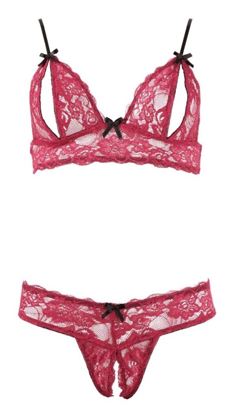 Cottelli Lingerie komplet koronkowy czerwony otwarty biustonosz + stringi M